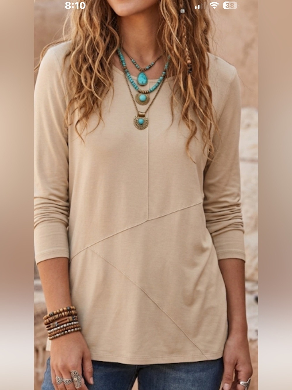 Tahari Beige Long Sleeve Tee Seam Detail Classic Casual Layering Large Boho NWT - Picture 2 of 13